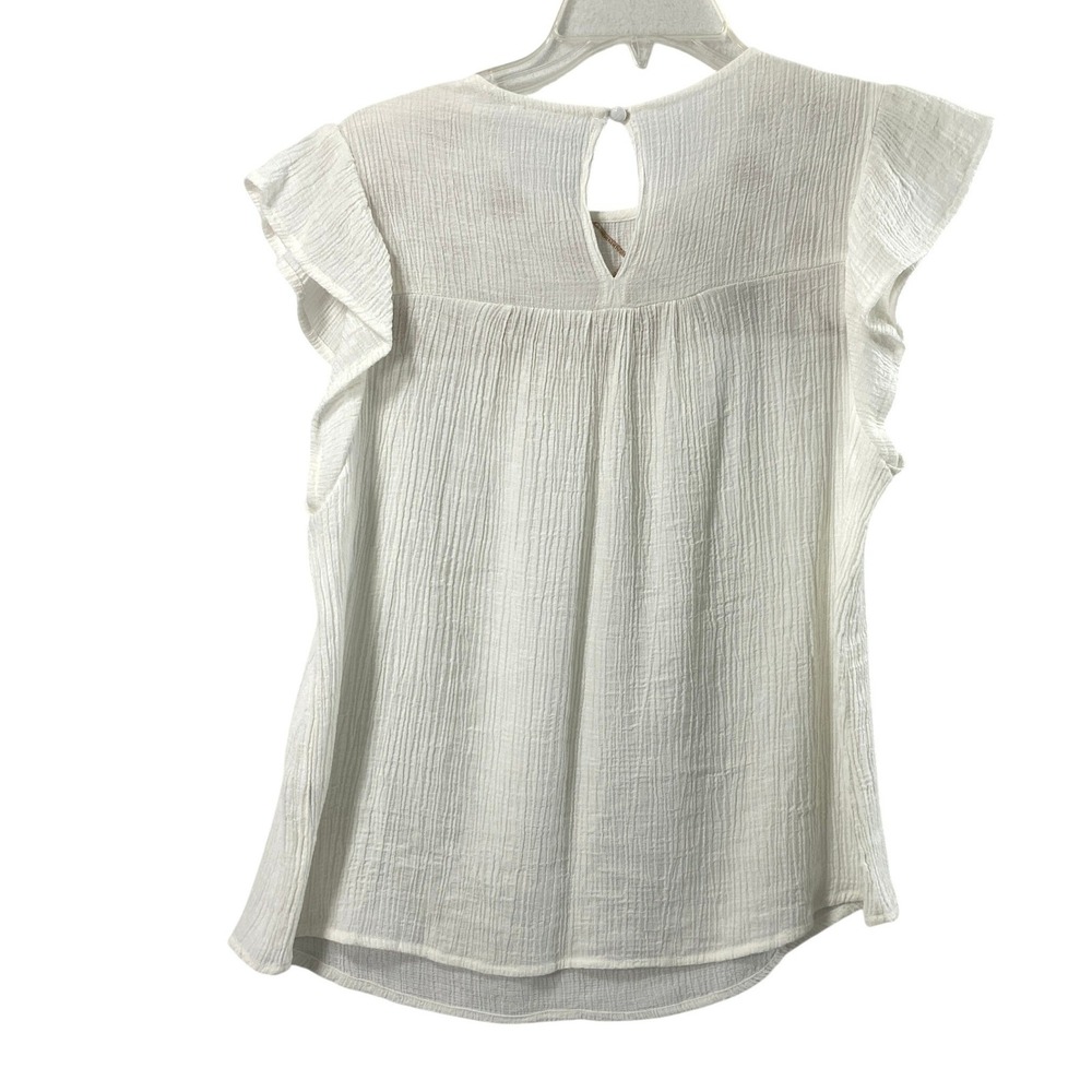 MINE Blouse Womens Large White Gauze Tan Floral Embroidered Boho Festival Top - Picture 2 of 8